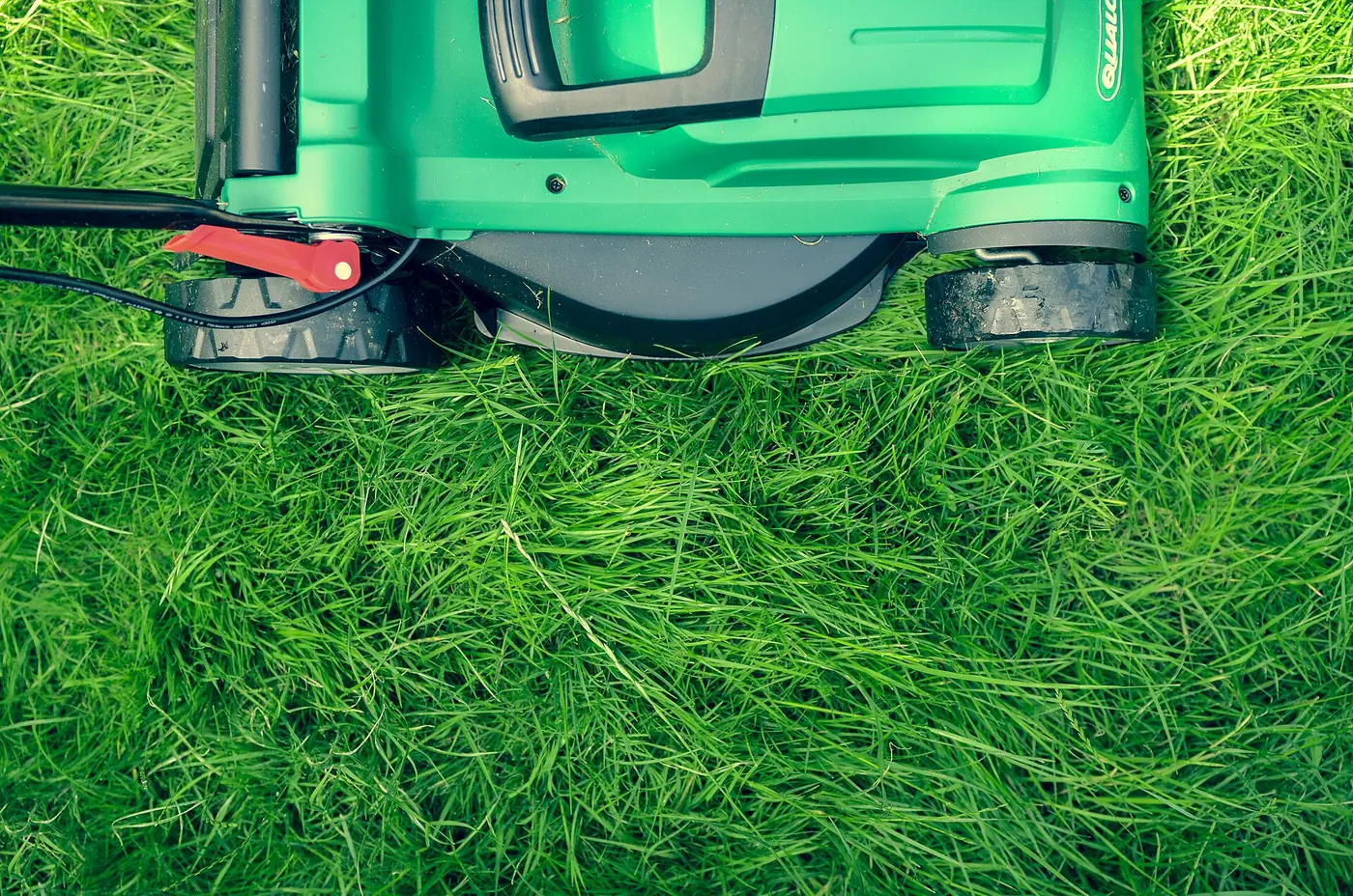 Overhead view of a green lawn mower on thick freshly cut grass