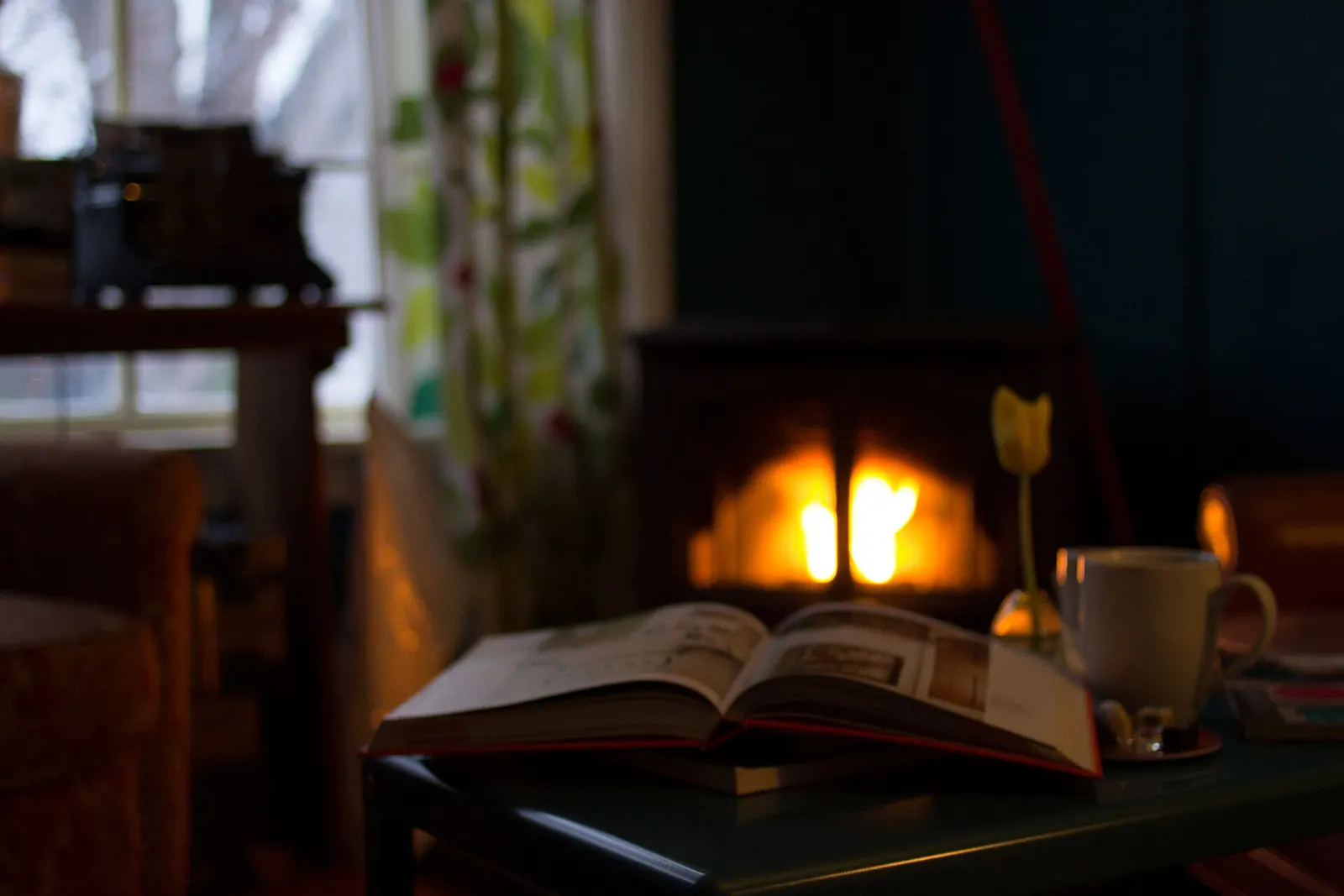 Cozy den in warm evening light with a glowing wood stove, open book and mug on a table