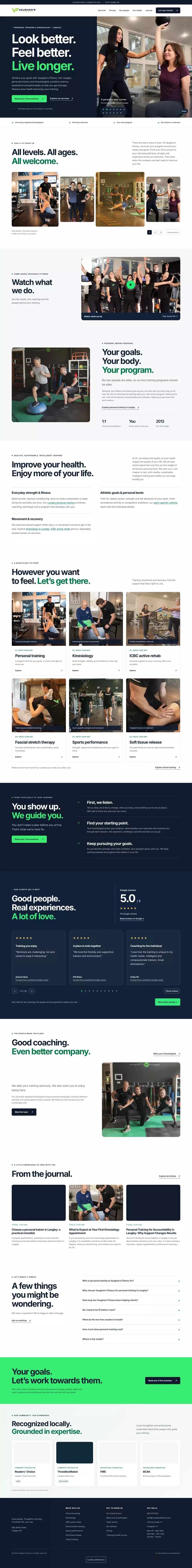 The Vaughan's Fitness home page, scrolling from top to bottom