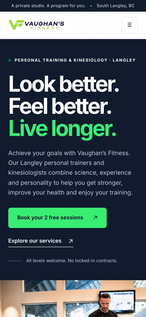The Vaughan's Fitness home page on a phone