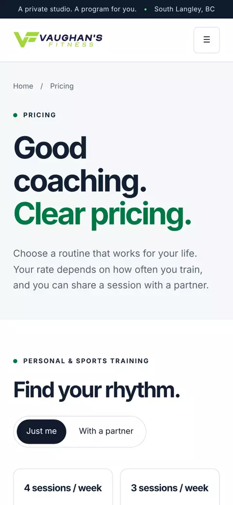 Pricing page on a phone