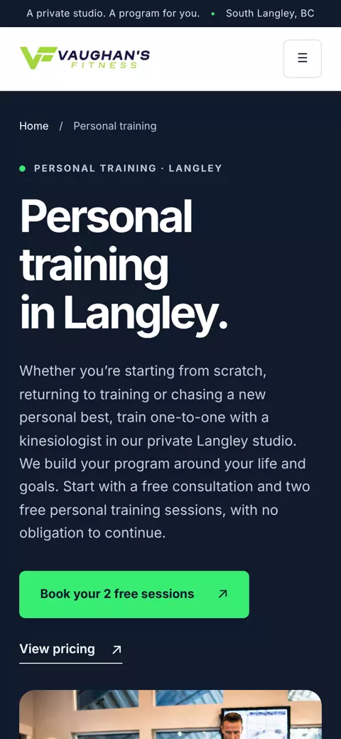 Personal training page on a phone
