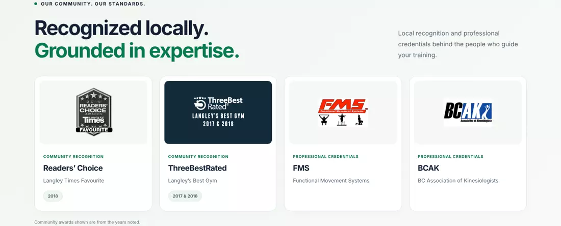 Awards and credentials section on the Vaughan's Fitness site