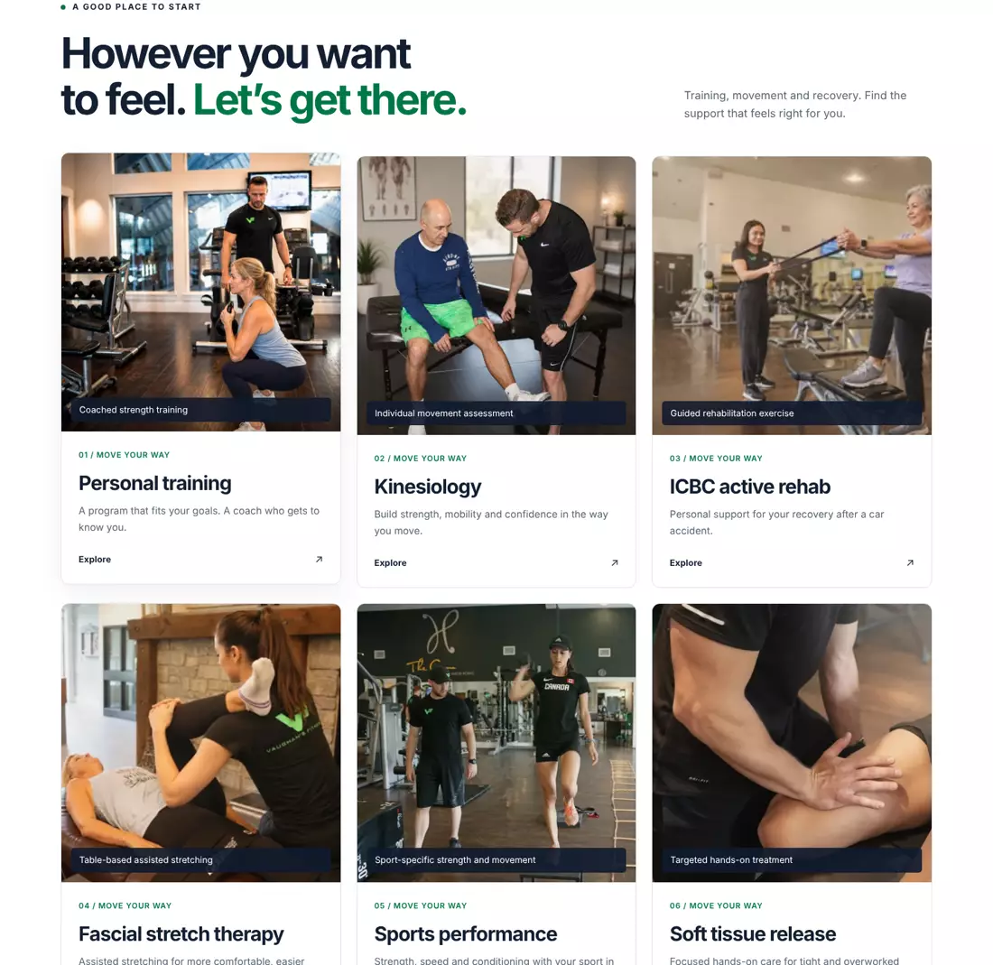 Services grid on the Vaughan's Fitness site